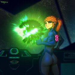1girl 1girls ass clothing danderfull explosion female female_focus female_only human metroid nintendo nonsexual pale_skin planet samus_aran solo solo_female solo_focus space spacecraft spaceship tagme zero_suit zero_suit_samus