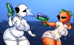 2girls bald bald_female belly belly_button bikini black_eyes breasts chetoh chubby chubby_female claire_(chetoh) egg female female_focus female_only leaf leaf_hair mandy_(chetoh) oc orange orange_body original original_character original_characters photo_background see_through see_through_clothing smile smiling t-shirt water_gun water_gun_fight wet_shirt white_body wink winking
