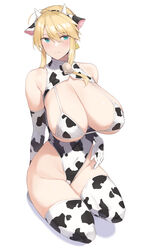 1girls absurdres ahoge animal_ears animal_print aqua_eyes artoria_pendragon artoria_pendragon_(lancer) bell big_breasts bikini blonde_hair blush breasts closed_mouth cow_ears cow_horns cow_print ear_tag elbow_gloves enosan eyebrows_visible_through_hair fake_horns fate/grand_order fate_(series) female female_only full_body gloves hair_between_eyes highres horns huge_breasts leotard short_hair simple_background sitting solo solo_female swimsuit thighhighs wariza white_background white_gloves white_legwear