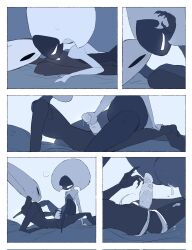 2025 anthro arthropod bed bedroom biped black_body black_eyes bodily_fluids border bottomless bottomless_female bottomless_humanoid chest_lick clothed clothing comic detailed_background digital_drawing_(artwork) digital_media_(artwork) dildo dripping duo empty_eyes eye_contact female female/female female_anthro female_humanoid furniture genital_fluids genitals hi_res hollow_knight:_silksong hollow_knight_(franchise) hornet_(hollow_knight) humanoid humanoid_on_anthro imminent_sex imminent_vaginal inside justdog lace_(hollow_knight:_silksong) looking_at_another looking_at_partner lying mouthless nude nude_anthro nude_female on_back on_bed sex_toy sitting strapon team_cherry vaginal_fluid_drip vaginal_fluid_string vaginal_fluids vulva white_body white_border white_eyes white_vulva