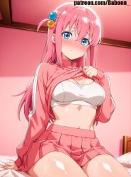 ai_generated bocchi_the_rock! breasts female female_only gotou_hitori jacket looking_at_viewer pink_hair self_upload skirt thighs