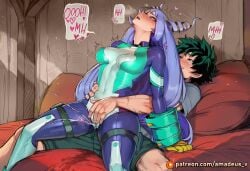 <3_eyes ai_generated amadeus_v blue_eyes blue_hair blush bodily_fluids bodysuit boku_no_hero_academia breasts clothed clothing covered_navel covered_nipples drill_hair duo female female_penetrated fingering freckles genital_fluids gloves green_eyes green_hair hadou_nejire hair hair_horns handwear heart indoors izuku_midoriya long_hair male male/female male_penetrating_female midoriya_izuku my_hero_academia nejire_hado open_mouth penetration pussy_juice sex sitting skin_tight speech_bubble straight tagme text through_clothing tight_clothing twin_drills vaginal_penetration very_long_hair