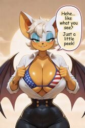 1girls ai_generated american_flag_bikini bat bat_girl bat_wings big_breasts bikini bikini_top female female_focus female_only green_eyes huge_breasts opening_shirt rouge_the_bat sega shirt showing showing_off sonic_(series) sonic_the_hedgehog_(series) tagme text wings