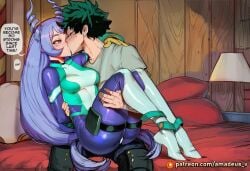 ai_generated amadeus_v arms_behind_back bed bedroom blue_eyes blue_hair blush bodysuit boku_no_hero_academia breasts carrying clothed clothing dialogue drill_hair duo english_text female freckles furniture gloves green_bodysuit green_hair hadou_nejire hair handwear indoors inside izuku_midoriya kissing long_hair male male/female midoriya_izuku my_hero_academia nejire_hado pillow princess_carry shirt sitting speech_bubble straight tagme text tight_clothing very_long_hair