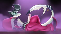 anthro aquatic ass big_butt big_penis bodily_fluids boots bottomwear bottomwear_down chaz_(helluva_boss) chazwick_thurman claws clothed clothing demon erection fin finger_claws fish footwear genital_fluids genitals gloves green_eyes handwear hellaverse helluva_boss hi_res hiddenfurgr33n horn humanoid_genitalia humanoid_penis inviting looking_at_viewer male narrowed_eyes navel neck_tuft nipples pants pants_down partial_nudity partially_clothed pecs penis penis_grab pillow precum ringed_eyes scar seductive shark shark_tail shoes simple_background smoke solo spiral sweat tail thick_thighs thong tongue tongue_out toony topwear tuft underwear vein wide_hips
