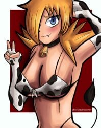 big_breasts blonde_hair blue_eyes bra breasts choker cleavage color cow_girl cow_print cowbell fangs female hellsing highres huge_breasts midriff seras_victoria tail tied_shirt vampire