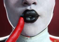 1girls 3d artist_name batman_(series) big_lips bimbo_lips black_lipstick close-up clothed clothed_female clothing clown clown_girl clown_makeup dc dc_comics face_closeup facial_closeup female female_only finger_on_lip full_lips gloves harleen_quinzel harley_quinn harley_quinn_(classic) huge_lips human human_female human_focus human_only lip_focus lips makeup pale-skinned_female pale_skin plump_lips pores pov red_gloves round_mouth smitty34 teeth thick_lips watermark white_teeth