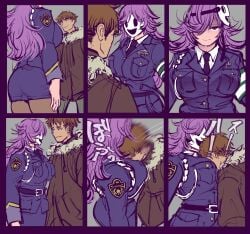 part_1 edited_by_uploader high-rise_invasion tenkuu_shinpan 3mandrill yayoi_kusakabe purple_hair police_uniform police_woman white_mask masked masked_female 1girl1boy head_on_breasts tagme