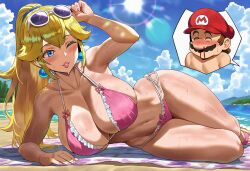 ai_assisted ai_generated beach eyewear_on_head frilled_bikini high_ponytail inset large large_breasts lying mario mario_(series) nosebleed on_side pink_bikini princess_peach smashall sunbathing sunglasses