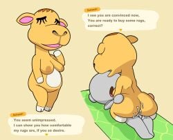 animal_crossing anthro ass balls big_breasts breasts brown_hair camel camelid chubby closed_eyes cum female huge_ass impstripe male/female nintendo penis sagging_breasts saharah_(animal_crossing) sex speech_bubble video_games