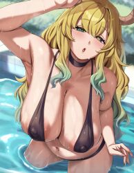 1girls areola_slip areolae big_breasts bikini bikini_bottom bikini_top black_bikini blonde_hair blush bottomwear breasts cleavage female female_only green_eyes hair heterochromia hips horns huge_breasts long_hair mature mature_female mature_woman miss_kobayashi's_dragon_maid moisture_(chichi) more_at_source pool purple_eyes quetzalcoatl_(dragon_maid) solo solo_female swimwear thick_thighs thighs topwear two-tone_hair water wet wet_body