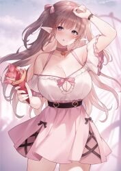 1girls breasts brown_hair clothed crepe dress elf elf_ears elf_female elf_girl female female_only hair_ribbon highres jirai_kei large_breasts long_hair melonbooks original pointy_ears sora_72-iro straight_hair tied_hair