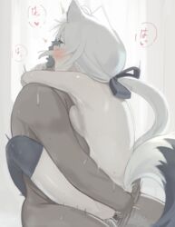 1boy absurdres animal_ear_fluff animal_ears ass black_legwear black_ribbon blue_eyes blush breast_press breasts dark-skinned_male female fox_ears fox_girl fox_tail hair_ribbon highres hololive hololive_gamers hololive_gen_1 hololive_japan hug kemonomimi kitsune kujira_pasta long_hair medium_breasts motion_lines nude open_mouth ribbon sex shirakami_fubuki solo_focus straight sweat tail thighhighs virtual_youtuber white_hair