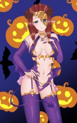 1girls absurdres bare_midriff bare_thighs bat big_breasts blue_eyes breasts closed_mouth cosplay fate/grand_order fate_(series) fire_emblem fire_emblem_echoes:_shadows_of_valentia fire_emblem_gaiden halloween halloween_costume heart highres horns jack-o'-lantern large_breasts looking_at_viewer nintendo nuibaba pointy_ears purple_hair purple_nails sideboob simple_background smile solo_female tanaka313