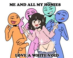 1girls 4boys ambiguous_penetration bernicedoodles blue_skin bluejr brown_hair color cum cum_in_pussy cum_on_body cum_on_face cyan_skin english_text female female_focus hazel_eyes male orange_skin pants_down peace_sign penis pink_shirt pink_skin sex smile source_request standing_sex white_background youtube youtuber youtuber_girl