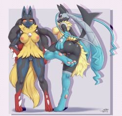 2026 anthro areola ass black_body blue_body blue_eyes breasts duo female fur generation_6_pokemon genitals hi_res mega_evolution mega_lucario mega_lucario_z multicolored_body nintendo nipples orange_eyes pokemon pokemon_(species) red_body tan_body tan_fur vulva wolflong