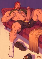 1boy arm_hair armpit_hair armpit_hair_peek bara bare_pectorals beard chest_hair commentary commission couch dog_tags english_commentary erection facial_hair headband highres huge_cock indie_virtual_youtuber large_pectorals leg_hair male_focus male_masturbation male_pubic_hair masturbation multicolored_hair muscular muscular_male navel_hair nipple_stimulation nipple_tweak nipples on_couch one_eye_closed pectorals penis pubic_hair reclining red_hair redgart ryuugen_drake scar scar_across_eye scar_on_chest scar_on_face scar_on_leg shoes short_hair shorts socks solo streaked_hair teeth tweaking_own_nipple two-tone_hair unworn_shoes upper_teeth_only