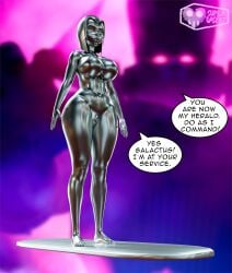1girls 2025 3d 3d_(artwork) belly_button brainwashing breasts crossover english_text feet forehead_jewel galactus goth goth_girl large_breasts low_angle metal_body metal_transformation naked naked_female nipples post-transformation pussy raven_(dc) short_hair silver_body silver_eyes silver_hair silver_skin silver_surfer_(cosplay) speech_bubble supercasket surfboard thick_thighs thighs trophy watermark