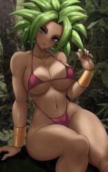 1girls 2d 2d_(artwork) bikini bikini_bottom bikini_top bracelet dragon_ball erect_nipples erect_nipples_under_clothes female female_focus female_only gold_bracelet green_hair kefla kunanstudio looking_at_viewer looking_pleasured spiky_hair wristwear