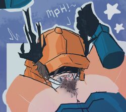 antlers blue_outfit cap covered_eyes cum cum_in_mouth dolphin_corporation dolphin_trooper_(dolphin_corporation) face_fucking gay gay_blowjob holding_head orange_clothing original_character original_characters tactical_gear