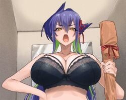 1girls 2d 2d_(artwork) 2d_artwork angry angry_expression angry_face big_breasts blush blush_lines blushing_female bra breasts breasts_bigger_than_head breasts_focus changing_room cleavage color colored detailed_background embarrassed embarrassed_exposed_female embarrassed_expression embarrassed_female female female_focus female_only flushed flushed_cheeks flushed_face gaston18 green_hair hand_on_waist huge_breasts kanan-sama_wa_akumade_choroi lace-trimmed_bra laced_bra lingerie lingerie_only looking_at_viewer low_angle multicolored_hair no_dialogue partially_clothed partially_clothed_female partially_nude partially_nude_female partially_undressed purple_hair red_bow shinryuji_tekka tits_bigger_than_head tits_focus two-tone_hair yellow_eyes