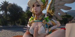 1boy 1girls 3d big_breasts big_penis blizzard_entertainment blonde_hair blue_eyes breasts cleavage mercy nail_polish nipple_bulge nipples_visible_through_clothing overwatch paizuri penis retracted_foreskin winged_victory_mercy