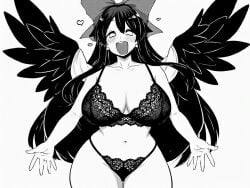 1girls ai_generated black_bra black_hair black_lace black_lace_bra black_lace_panties black_panties black_thong black_thong_panties black_wings blush bow bra breasts happy himajin_noizu huge_breasts long_hair looking_at_viewer manga_style monochrome navel open_mouth panties remake remastered solo standing touhou touhou_project utsuho_reiuji white_background