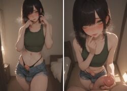 2boys ai_generated asymmetrical_hair bangs belly belly_button black_hair bob_cut crop_top denim_shorts erection eye_contact femboy feminine_male green_eyes handjob hannai looking_at_viewer male male_only multiple_images multiple_poses multiple_views nervous otoko_no_ko penis penis_exposed penis_peek penis_poking_out playing_with_hair pov pov_eye_contact precum shy shy_expression standing tank_top testicles thong touching_penis trap yaoi
