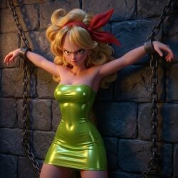 1girls ai_3d ai_generated bare_shoulders big_breasts blonde-haired_female blonde_female blonde_hair bondage chains dragon_ball dungeon female female_focus female_only headband light_skin looking_at_viewer lunch_(dragon_ball) miniskirt shackled shackled_ankles shackled_wrists shackles strapless tight_clothes tight_clothing tube_dress yellow_hair