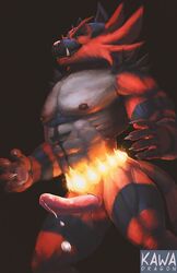 anthro bara bodily_fluids drakawa erection felid feline fire fire_belt fur genital_fluids genitals green_eyes grin humanoid incineroar looking_at_viewer male male_only mammal muscular muscular_male nintendo nipples pecs penis pokémon_(species) pokemon precum red_body red_fur smile solo_male video_games