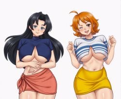 2girls ab_definition back_view belly belly_button black_hair blue_eyes blue_stripes blue_top breasts_squeezed brown_eyes cel_shading censored cleavage crop_top curvy_figure detailed_anatomy detailed_eyes digital_illustration female female_only front_view g-string high_collar high_neck high_quality high_specular_highlights huge_breasts large_breasts lollololli long_hair looking_at_viewer midriff miniskirt multi_view nami narrow_waist navel nico_robin oily_skin one_piece open_clothes orange_hair orange_skirt orange_thong original pareo pink_thong posing pussy_bone_definition sarong shiny_skin short_hair short_sleeves showing_midriff simple_background skirt smile soft_shading solo standing stomach_definition striped_top thick_thighs thong under-cleavage underwear unzipped visible_underwear voluptuous vulva_definition white_background white_top wide_hips winking wrap_skirt yellow_skirt yellow_skirt_side