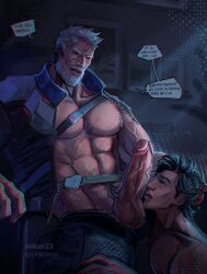2boys abs activision balls bara biceps big_balls big_penis blizzard_entertainment daddy dilf english_text erection fellatio fellatio_domination gay jack_morrison male male/male male_nipples male_only manly mature_male muscular_male nihun nihun22 nipples nude overwatch overwatch_2 pecs penis soldier_76 text white_beard white_hair yaoi