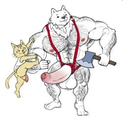 anthro arm_hair armpit_hair ass axe balls bear beard biceps big_muscles big_nipples big_pecs big_penis body_hair bottomwear bulkybro chest_hair closed_eyes clothing deltoids digital_media_(artwork) domestic_cat duo erection facial_hair felid feline felis foreskin fur genitals hair hairy_legs harness huge_cock huge_muscles hyper hyper_genitalia hyper_muscles hyper_penis lumbercat male male/male mammal muscular muscular_anthro muscular_male neck_tuft nintendo nipples open_mouth pecs penis penis_harness rhythm_heaven simple_background size_difference suspenders tail thick_thighs triceps tuft white_background woodcutter_bear