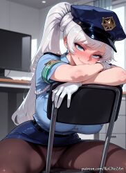 2026 ai_generated alternate_breast_size anime bangs black_pantyhose blue_eyes blue_shirt blue_skirt blush breasts chair cleavage closed_mouth crossover desk earrings eye_contact female female_focus female_only flushed gloves handwear hat highres huge_breasts indoors inside jewelry long_hair looking_at_viewer miniskirt neutral_expression nsfw panties panties_under_pantyhose pantyhose pantyshot patreon patreon_username pencil_skirt police police_hat police_uniform policewoman ponytail rognezart rwby scar scar_across_eye scar_on_face shiny shirt short_sleeves sitting sitting_backwards skirt smile smiling solo spread_legs stockings thick_thighs thighband_pantyhose thighs underwear uniform very_long_hair weiss_schnee white_gloves white_hair white_panties