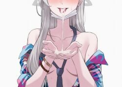 1girls absurdres black_necktie blue_archive blue_shirt blush bracelet breasts collarbone commentary cum cum_in_mouth cum_on_tongue eyes_out_of_frame female grey_hair grey_halo halo head_out_of_frame highres jewelry konoka_(blue_archive) light-skinned_female light_skin long_hair loose_necktie mask mask_pull medium_breasts mouth_mask multiple_bracelets necktie open_clothes open_shirt paid_reward_available public_peace_bureau_(blue_archive) senapops shirt simple_background solo tongue tongue_out upper_body valkyrie_police_school_student white_background