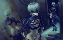 1boy 1girls ass big_ass big_breasts blindfold breasts bulge caught crossdressing female femboy hairband light-skinned_female light-skinned_male light_skin male meliasart nier nier:_automata penis penis_under_clothes short_hair thighhighs trap white_hair yorha_2b yorha_2b_(cosplay) yorha_9s