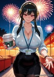 2026 ai_generated anime black_hair black_pantyhose black_skirt blush breasts cleavage coffee_cup collared_shirt covered_nipples crossover cup disposable_cup earrings eye_contact female female_focus female_only fireworks flower flushed food gold_hairband grin hair_accessory hair_flower hair_ornament hairband highres holding holding_cup huge_breasts id_card jewelry lanyard large_breasts long_hair looking_at_viewer night night_sky nsfw office_lady outdoors pantyhose patreon pencil_skirt red_eyes red_nails rognezart rose see-through shirt short_hair_with_long_locks sidelocks skirt sky smile smiling solo spy_x_family stockings very_long_hair watch white_shirt wristwatch yor_briar yor_forger
