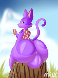 1boy animal_crossing anthro ass backsack balls big_balls big_butt bob_(animal_crossing) domestic_cat felid feline felis fur genitals hi_res huge_balls huge_butt humanoid_genitalia looking_back male male_only mammal misx nintendo noseless purple_body purple_fur sitting smile solo video_games