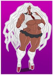 abs annon bimbo breasts danganronpa danganronpa:_trigger_happy_havoc dark-skinned_female dark_skin eyeshadow female female_only high_heels lipstick makeup miniskirt muscular muscular_female muscular_legs muscular_thighs oogami_sakura platform_heels purple_background scar smooth_skin solo tan_skin thick_thighs underboob white_eyeshadow white_hair white_lipstick wide_hips