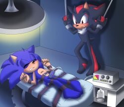 angelofhapiness ankles_tied anthro blue_body blush bodily_fluids bondage bound clenched_teeth closed_eyes container cum cum_collecting cum_drip cum_in_container cum_string digital_media_(artwork) dripping duo ejaculation erection eulipotyphlan feet fingers forced fur genital_fluids genitals hands_tied hedgehog hi_res humanoid_genitalia humanoid_penis legs_tied lying machine male mammal on_back penile penis penis_milking penis_milking_machine sega shadow_the_hedgehog sonadow sonic_(series) sonic_the_hedgehog sonic_the_hedgehog_(series) standing teeth toes