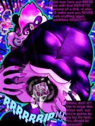 absurd_res angry anthro anus ass backsack balls bodily_fluids bodily_fluids_in_ass bottomwear butt_focus clothing coinslot_donni cross-popping_vein dante_(coinslot_donni) genitals hair hi_res in_heat long_tongue male mammal mephitid nails pants pink_hair puffy_anus sharp_nails skunk slimy_tongue solo squish substance_intoxication text tongue torn_bottomwear torn_clothing torn_pants yoga_pants
