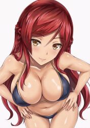 anime_style arms_akimbo bare_arms bare_legs bare_shoulders beautiful_eyes bending_over bikini blush braided_bangs brown_eyes cel_shading censored cleavage collarbone curvy dark_blue_bikini deep_cleavage detailed_eyes digital_media_(artwork) eye_contact female female_only from_above front_view giant_breasts gold_trim hair_intakes hands_on_hips heavy_breasts high_angle high_quality highres huge_breasts large_breasts leaning_forward light_smile lollololli long_hair looking_at_viewer looking_up low_tied_bikini micro_bikini navel oiled_skin original parted_bangs portrait red_hair revealing_clothes shiny_skin side-tie_panties side_braid sidelocks simple_background smile soft_lighting solo specular_highlights stomach string_bikini string_panties sweeping_bangs swimwear thick_thighs two-piece_swimsuit upper_body voluptuous white_background wide_hips