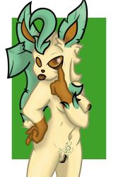 2:3 anthro blubbs.y breasts eeveelution eyelid_pull eyelid_pull_taunt female generation_4_pokemon genitals gesture hi_res leaf leafeon nintendo nipples oral plant pokemon pokemon_(species) solo teasing teasing_viewer tongue vulva