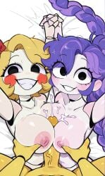 1boy 2girls ai ai-created ai_generated arms_up asymmetrical_bangs black_eyes blonde_hair blush braid braided_hair braided_ponytail breast_press breasts_against_breasts breasts_out butcher_(poppy_playtime) completely_nude completely_nude_female completely_nude_male cooperative_paizuri crazy_eyes crazy_smile cum cum_on_breasts cumshot doll doll_joints double_paizuri from_above grabbing_another's_breast hairbow holding_hands large_breasts large_mouth lily_lovebraids long_hair looking_at_viewer lying male_pov medium_breasts medium_hair miss_delight multicolored_hair nipples on_bed on_side player_(poppy_playtime) poppy_playtime poppy_playtime_(chapter_3) poppy_playtime_(chapter_5) pov protagonist_(poppy_playtime) purple_hair reaching_towards_viewer rosy_cheeks shittyaistuff squeezing_breasts squeezing_breasts_together swept_bangs very_long_hair viewer_pov yellow_skin
