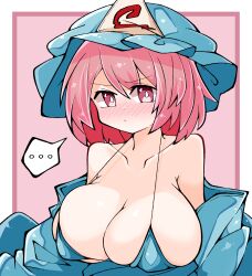... absurdres bikini blue_bikini blue_hat blush breasts bright_pupils cleavage closed_mouth commentary female happynalga hat highres huge_breasts looking_at_viewer mob_cap pink_background pink_eyes pink_hair saigyouji_yuyuko short_hair simple_background skindentation solo spoken_ellipsis swimsuit touhou triangular_headpiece untranslatable_commentary upper_body v-shaped_eyebrows white_pupils