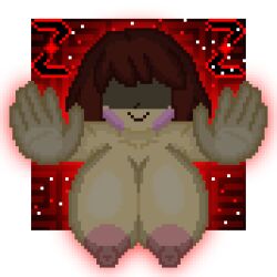 zixy pixel_art self_upload undertale undertale_(series) chara chara_(undertale) female 1girls breasts big_breasts coming_out_of_screen nipples brown_hair large_breasts hands_on_glass glowing eyes_covered areolae