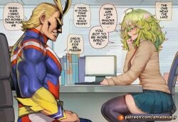 1boy 1girls ai_generated amadeus_v blonde_hair blue_bodysuit blush bodysuit boku_no_hero_academia bottomwear cardigan chair clothing computer dialogue duo english_text female from_side green_eyes green_hair hagakure_tooru_(visible) hair indoors long_sleeves male muscular muscular_male my_hero_academia patreon_username pleated_skirt school_uniform sitting skirt speech_bubble superhero tagme text thighhighs