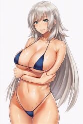 aesthetic_body anime_style arms_crossed_under_breast bangs bare_arms bare_legs bare_shoulders beautiful_eyes bikini blush cel_shading censored cleavage collarbone curvy dark_blue_bikini deep_cleavage detailed_anatomy detailed_eyes digital_media_(artwork) eye_contact female female_only front_view green_eyes hair_between_eyes hands_on_arms heavy_breasts high_quality highres huge_breasts large_breasts light_smile lollololli long_hair looking_at_viewer massive_breasts micro_bikini navel oiled_skin original portrait refined_features revealing_clothes shiny_skin side-tie_panties silver_hair simple_background smile soft_lighting soft_shading solo specular_highlights standing stomach straight_hair string_bikini string_panties swimwear thick_thighs two-piece_swimsuit upper_body voluptuous white_background wide_hips