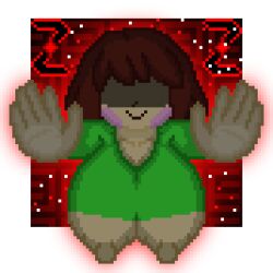 zixy pixel_art self_upload undertale undertale_(series) chara chara_(undertale) female 1girls breasts big_breasts coming_out_of_screen nipples brown_hair large_breasts hands_on_glass glowing eyes_covered smiling nipple_bulge nipples_visible_through_clothing more_at_source