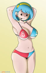 amelia_n. arms_behind_head bikini blue_hair breasts headband hi_res mob_face nintendo nintendo_switch spottyartslewd